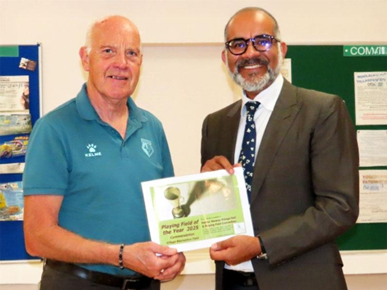Ron Scales Receiving the Highly Commended Award from the Somerset Playing Fields Association and presented by Mohammed Habedat Saddiq, Lord-lieutenant of Somerset